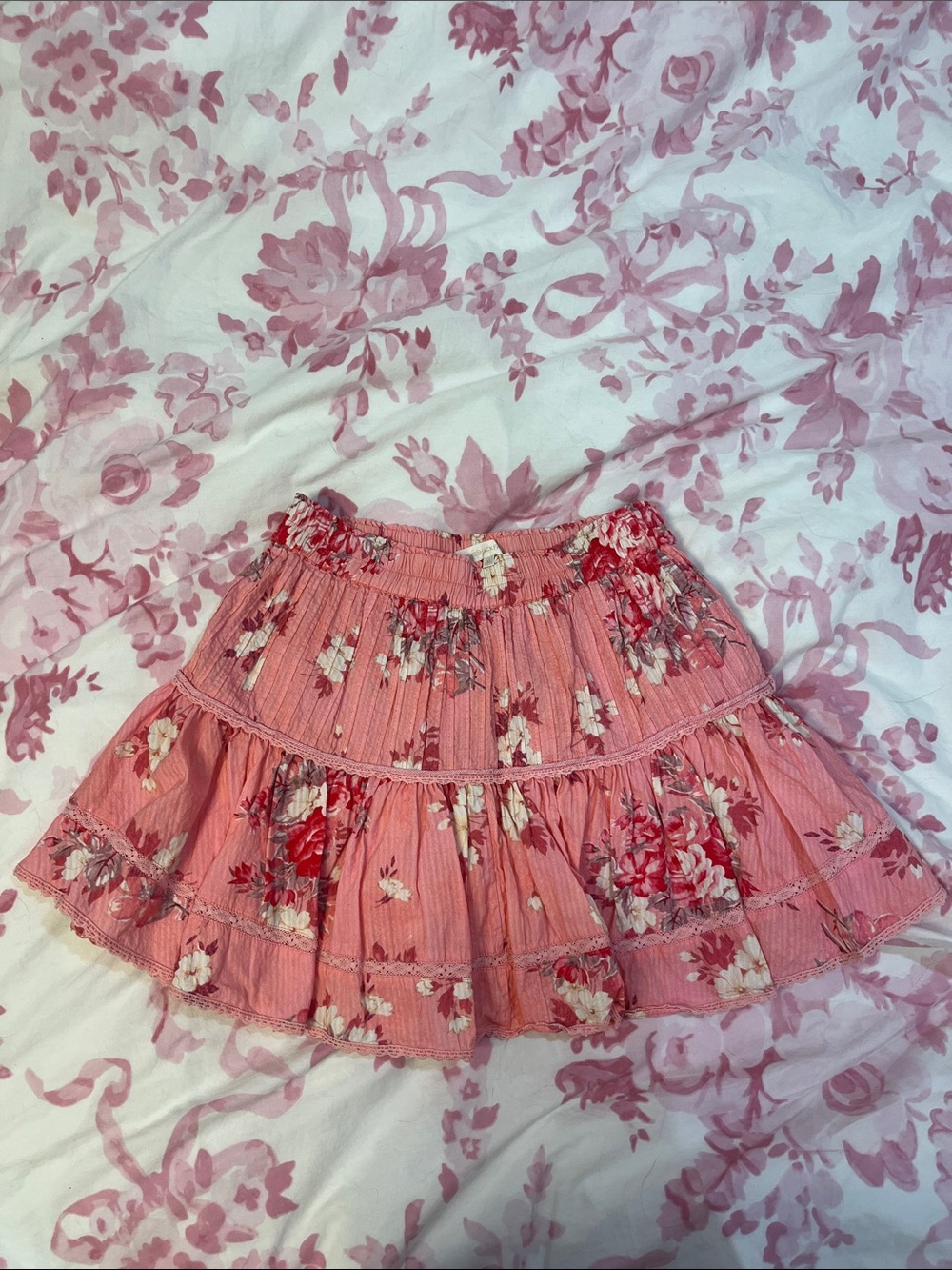 LoveShackFancy Pink Floral Tiered Skirt